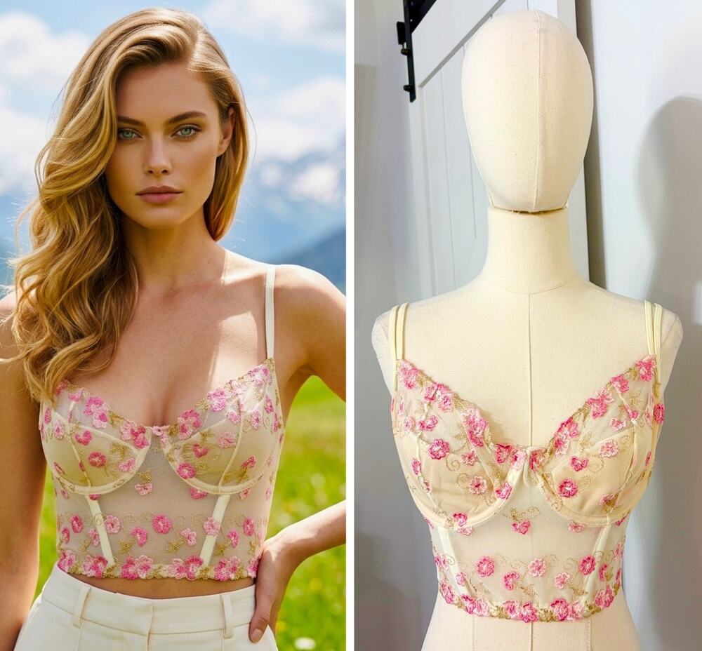 VTG Victoria’s Secret Size 36D Ivory Pink Floral Corset Bustier Boned 1999 Y2K